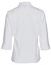 A white women's button-up shirt with 3/4 sleeves, featuring a back view and a simple design.
