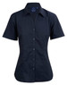 A short sleeve, button-up shirt in black with a fitted design and a collar, featuring a logo on the label.