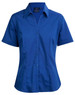 A royal blue short sleeve button-up shirt with a collar and fitted design, featuring a logo on the label.