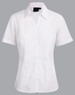 A white short sleeve button-up shirt with a fitted design and a collar, featuring a logo.