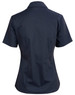 A navy blue short sleeve button-up shirt with a fitted design and a collar. Features a logo on the back.