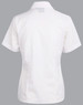 A white short sleeve button-up shirt with a fitted design and a collar, featuring a logo.