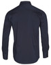 A navy blue long sleeve shirt with a button-up design and a logo on the back.