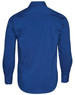 A blue men's long sleeve button-up shirt featuring a back view and a logo on the back collar.