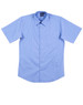 A light blue short sleeve button-up shirt with a chest pocket and a logo on the collar.