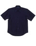 A navy button-up short sleeve shirt with a chest pocket and a logo. Features a classic collar and a relaxed fit.