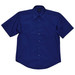 A navy short sleeve button-up shirt with a collar and one chest pocket, featuring a logo.