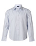 A light blue pinstripe button-up shirt with long sleeves and a chest pocket, featuring a logo on the collar.