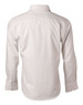 A white long-sleeve button-up shirt with vertical stripes, featuring a basic collar and buttoned cuffs.