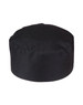 A black chef's cap with a round, flat top and a simple design. It features a logo on the side.