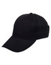 A black heavy brushed cotton cap featuring a curved brim and a fitted design, with a logo on the front.