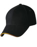 A black cap with a curved peak and a yellow accent along the edge, featuring a logo on the side.