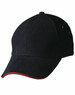 A black cap with a curved peak and a red underbrim. It features a small logo on the side.