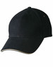 A black cap with a curved brim and a subtle logo, featuring a contrasting gold trim along the edge.