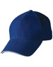 A blue sandwich peak cap featuring a logo. The cap has a structured design and a slightly curved peak.