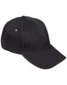 A black cap with a curved brim and a small logo tag. Features include metal eyelets for ventilation.
