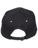 A black cap with a curved brim, showing eyelets and an adjustable strap at the back. It features a logo.