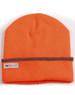 An orange beanie with a grey stripe and a logo, featuring a textured ribbed design.