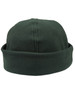 A green polar fleece beanie with a rolled brim and a smooth texture. It features a logo on the side.