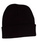 A black acrylic beanie with a classic knitted design and rolled cuff. It features a branding logo.