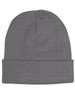A grey acrylic beanie with a ribbed texture and a folded cuff, featuring a logo.