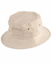 A soft washed bucket hat in a cream colour, featuring a rounded crown and a wide brim. It has metal eyelets and a logo.