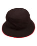 A black bucket hat with contrast red trim and a logo on the side.