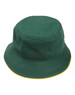 A green bucket hat with a yellow contrast band, featuring a logo on the side.