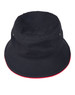 A black bucket hat with a red contrast trim, featuring eyelets and a logo.