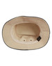 A cream bucket hat with a black contrasting brim and an inner lining. The hat features a logo.