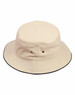 A soft washed bucket hat in cream with a contrasting black trim, featuring eyelets and a branded logo.