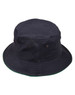 A navy bucket hat with a contrast trim, featuring metal eyelets for ventilation and a simple design.