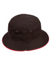 A black bucket hat with red contrast stitching, featuring ventilation grommets and a branded logo.