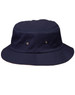 A navy blue bucket hat with a wide brim and two metallic vents on the sides. It has a simple design and a logo.