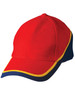 A cap featuring red fabric with blue and yellow accents, and a logo on the front.
