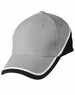 A cap featuring a tri-colour design in grey, black, and white with a logo.