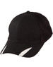 A black cap with a mesh back and white trim detailing, featuring a logo branding.