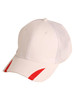 A white cap with contrasting red trim and a mesh back, featuring a logo on the front.