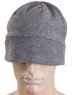 A grey fleece beanie on a mannequin head, featuring a simple design and a subtle branding logo.