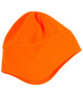 An orange polar beanie with ear covers, made from soft fleece material. It features a logo on the side.