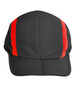 A black cap with red stripes on the sides and a logo on the front.