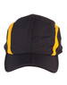A black cap with yellow stripes and a branding logo, featuring a foldable design.