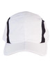 A foldable cap featuring a white design with black side panels and a structured front brim. It includes a logo on the front.