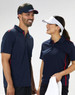 A navy visor with a contrasting white band, worn by a smiling man and woman in matching polo shirts.