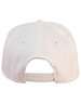 A white snapback cap with a textured back and adjustable strap. It features two holes for ventilation.