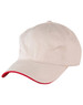A beige cap with a red contrast underpeak and six-panel design, featuring ventilation eyelets and a logo.