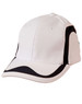 A white cap with black accents and a logo, featuring a curved visor and a structured design.