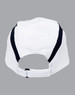 A white cap with navy accents at the back, featuring an adjustable strap and branding.