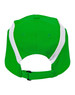 A green cap with white accents, featuring a fastening strap at the back and a logo.