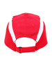 A red cap with white panels and an adjustable strap at the back. It features a branding logo.